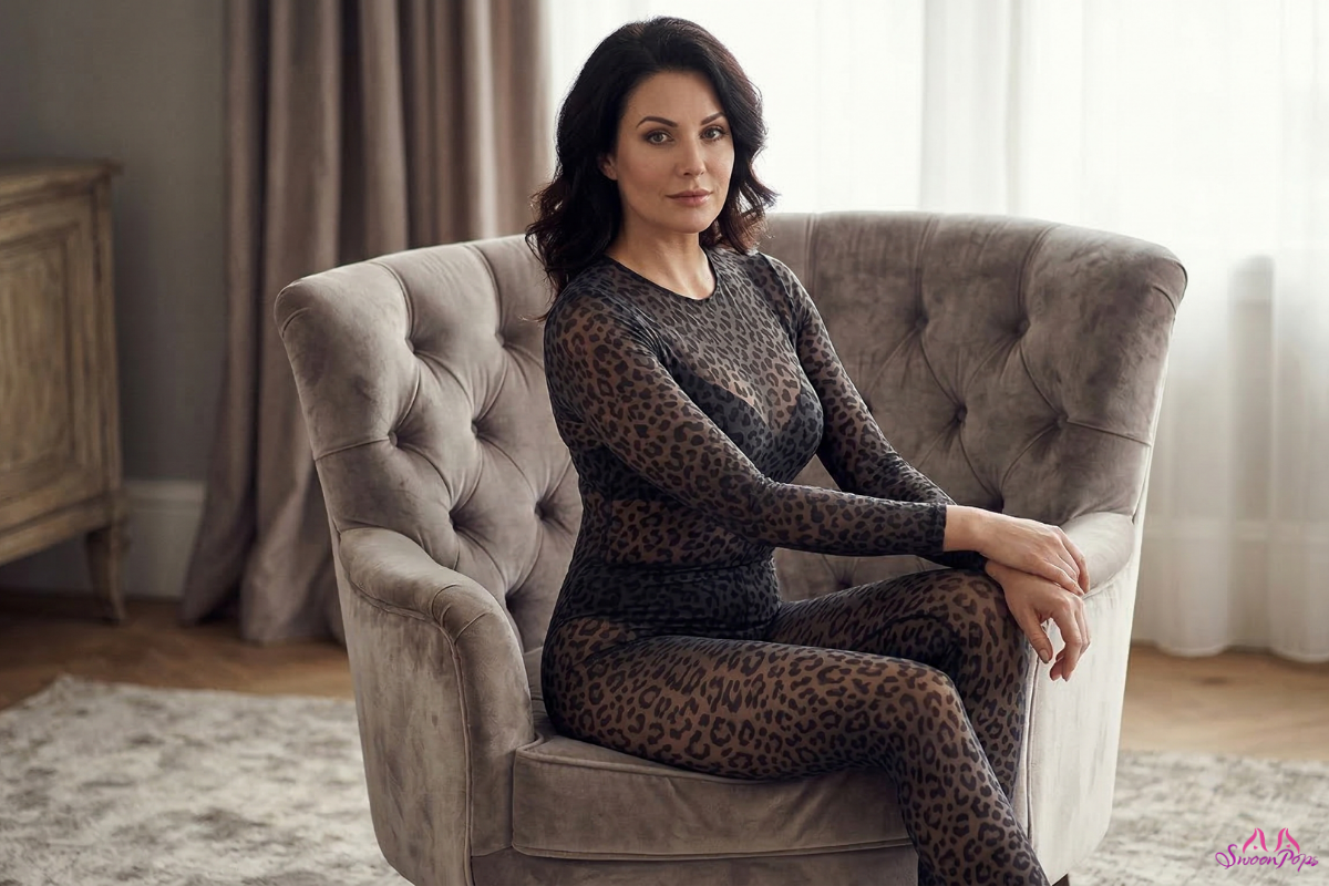 A woman in a leopard print bodystocking sits elegantly on a chair, showcasing her confident pose and stylish attire.