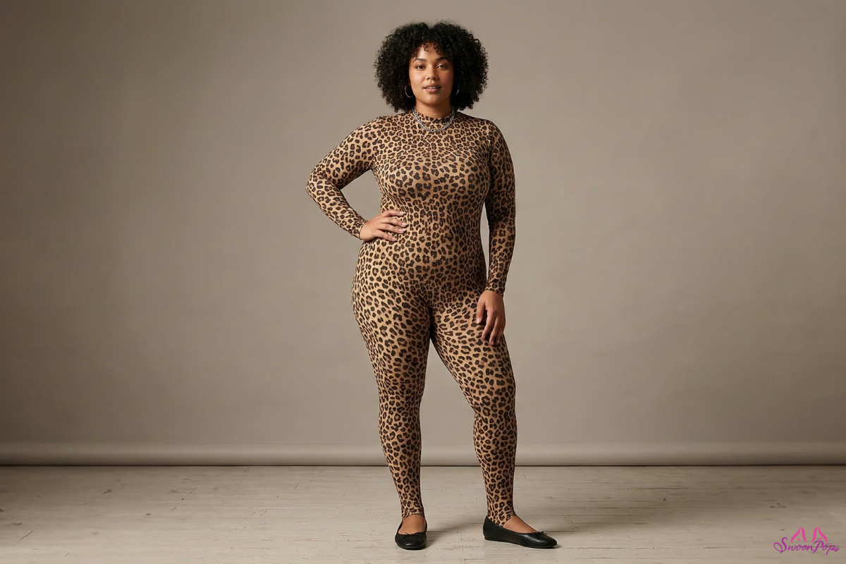 A woman wearing a leopard print jumpsuit, showcasing a stylish and bold fashion choice.