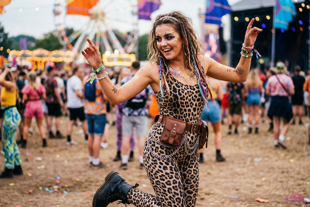 A woman in a leopard print jumps joyfully at a vibrant music festival, surrounded by colorful lights and crowds.