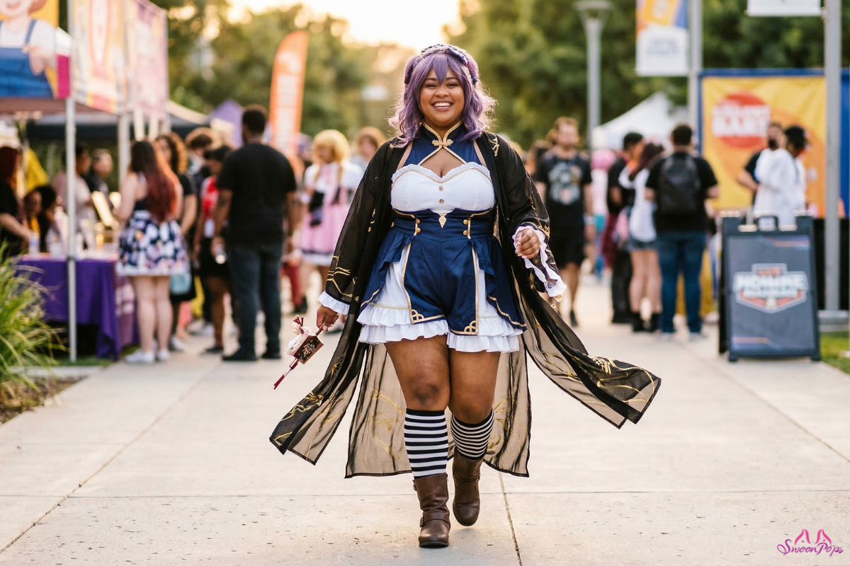 A woman in a colorful costume walks confidently down a sidewalk, showcasing her vibrant outfit.