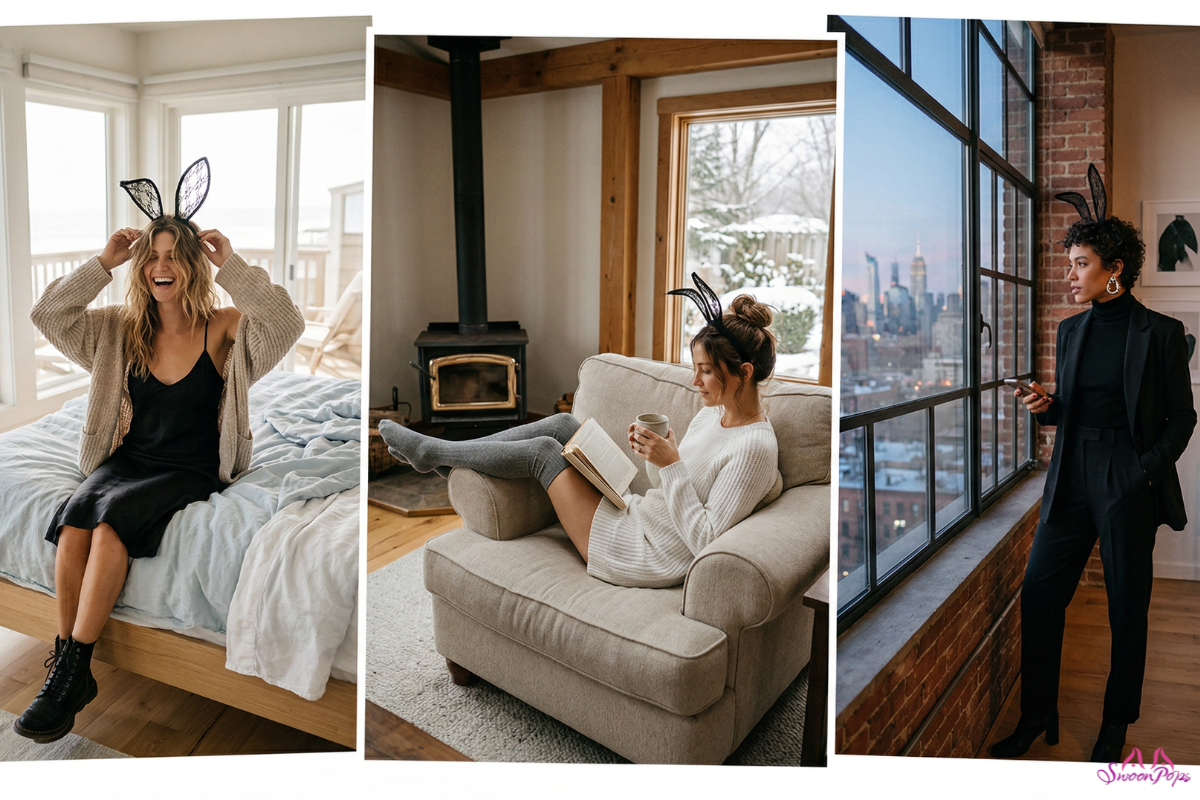A woman wearing Lingerie poses in a room, showcasing playful ears in four different images.