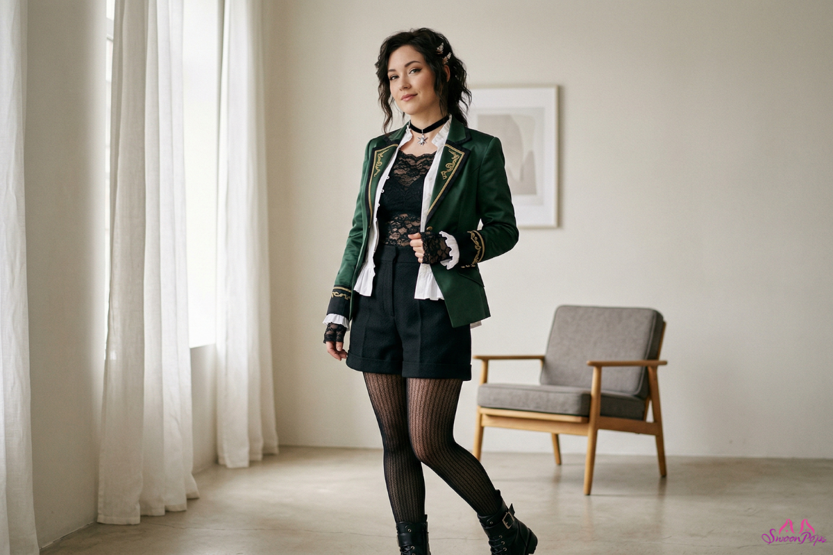 A woman in a green jacket and black shorts, styled in anime cosplay, poses confidently for the camera.