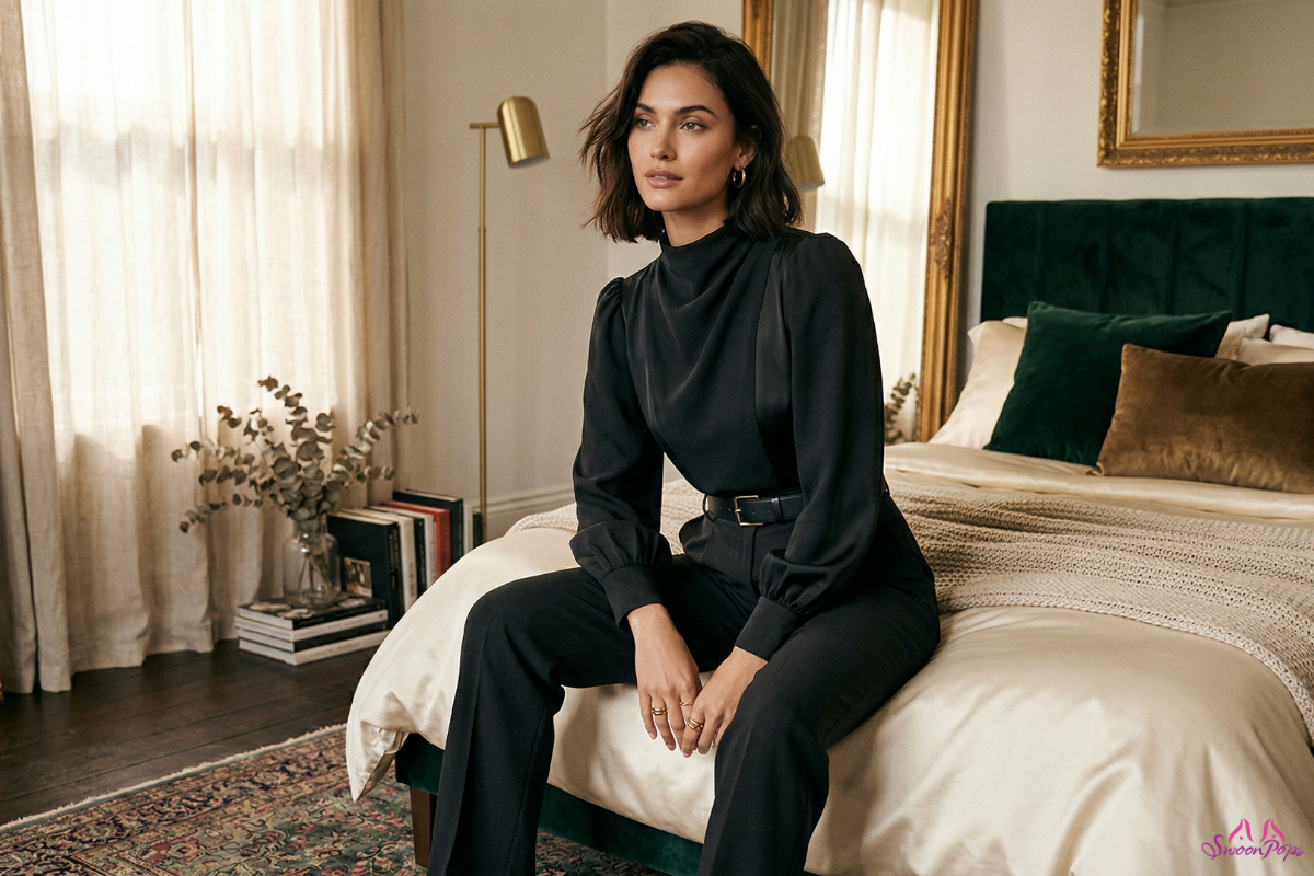 A woman in a black top and pants sits on a bed, looking thoughtfully to the side.