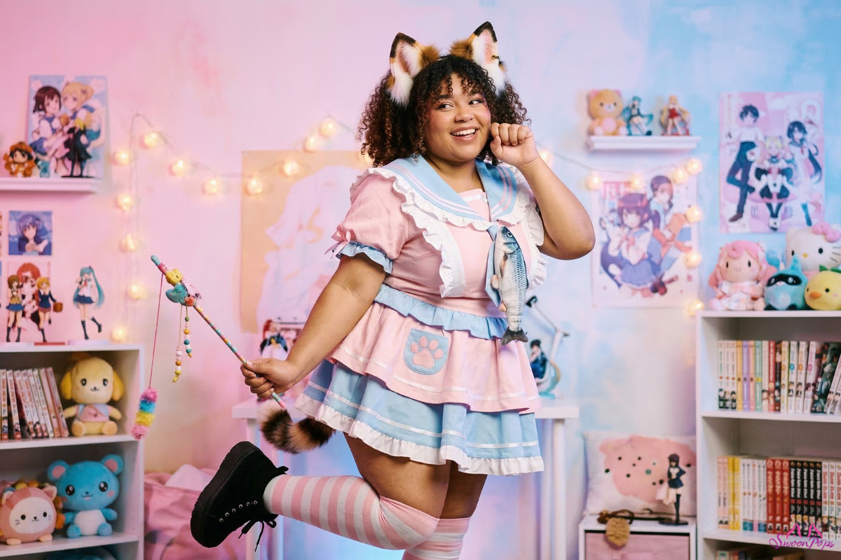 A plus-size woman poses for a photo in a stylish pink and blue outfit, smiling confidently at the camera.