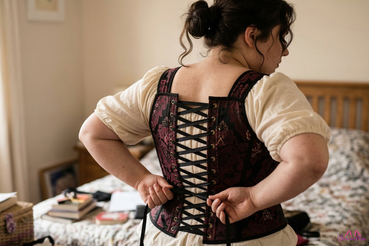 A plus-size woman in a corset gazes at her reflection, showcasing her back and the intricate design of the garment.