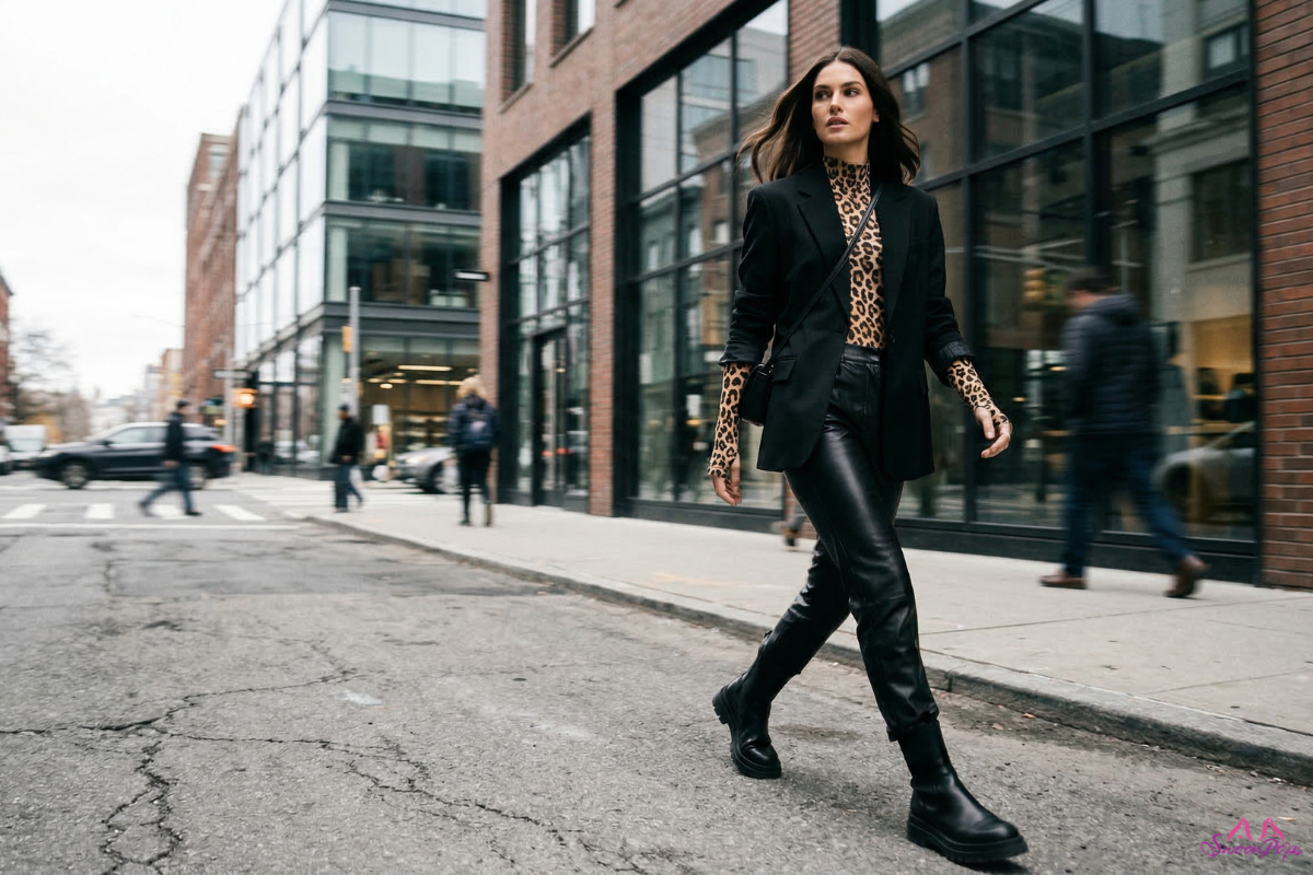 A woman in black leather pants and a leopard print shirt walks confidently down the street.