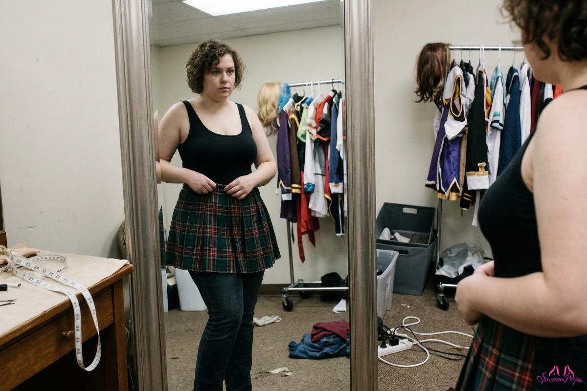 A plus-size woman in a plaid skirt admires her reflection in a mirror while dressed in cosplay.