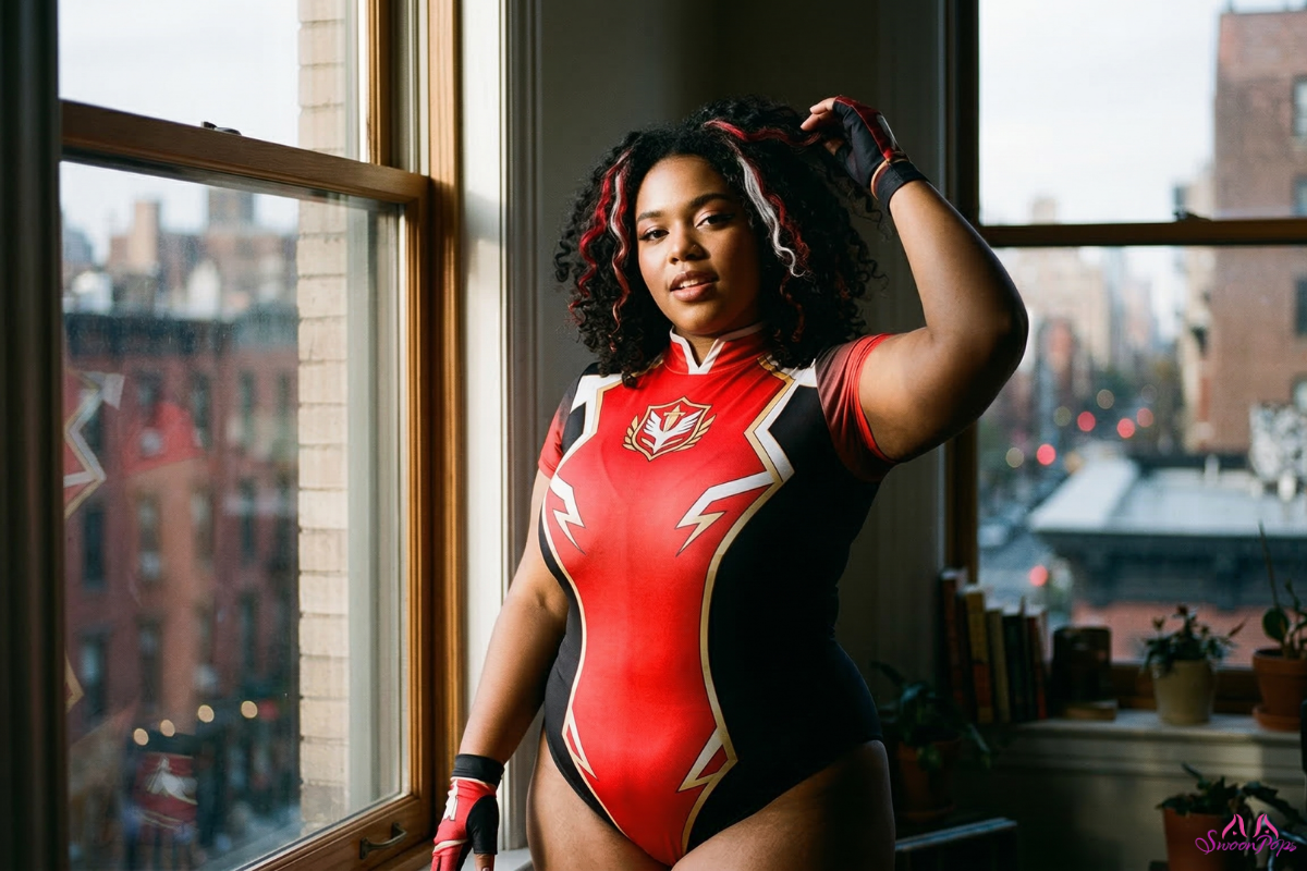A plus-size woman wearing a striking red and black bodysuit poses confidently.