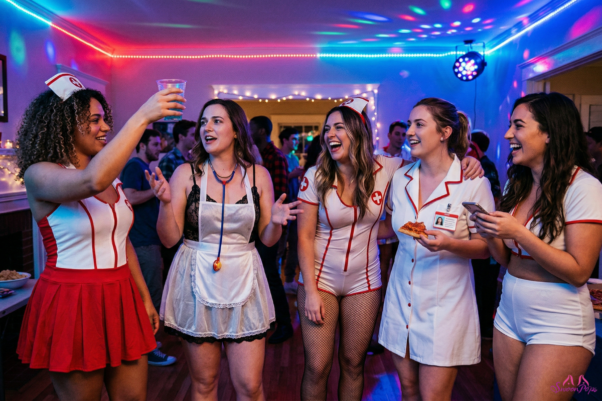 A group of women in revealing nurse costumes poses together at a lively party, showcasing their playful outfits.
