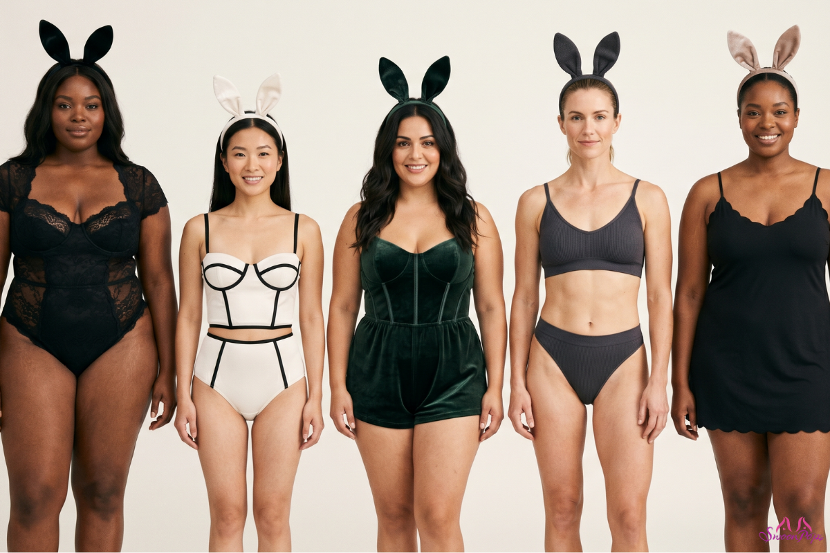 Six women wearing bunny ears and lingerie, posing playfully in a fun and festive atmosphere.