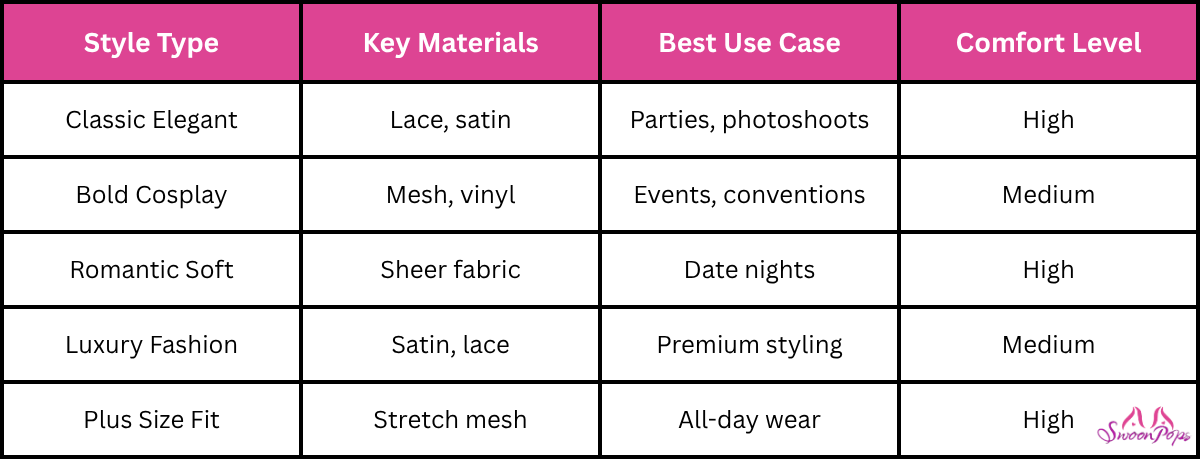 Comparison of best and worst materials for women's clothing, featuring a sexy bunny costume as an example.