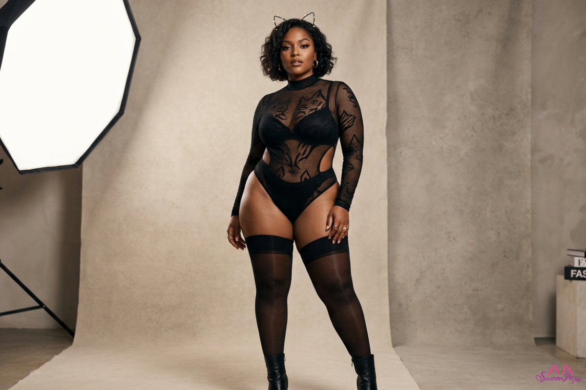 A woman wearing a black bodysuit and stockings, styled as a sexy cat costume, poses confidently.