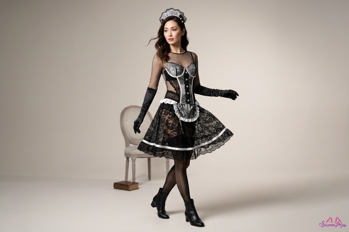 A woman in a sexy maid costume poses confidently, showcasing the outfit's playful and alluring design.
