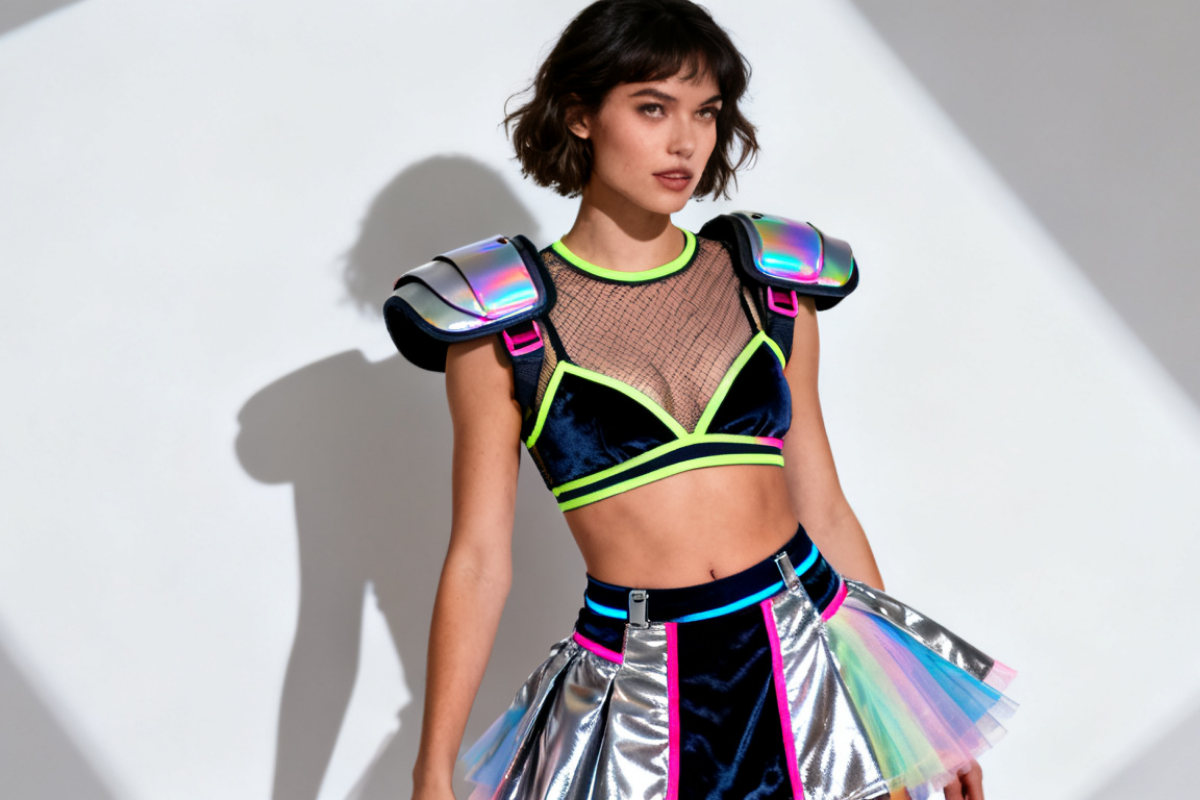 A model in a vibrant neon outfit poses confidently, embodying a sexy cheerleader anime aesthetic for the camera.