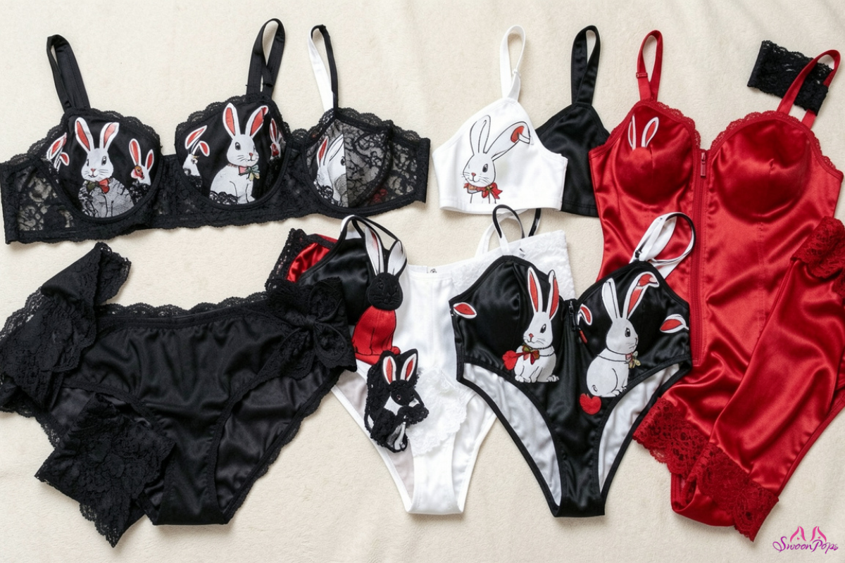 A collection of bunny-themed lingerie and underwear, featuring playful designs and soft fabrics in various colors.