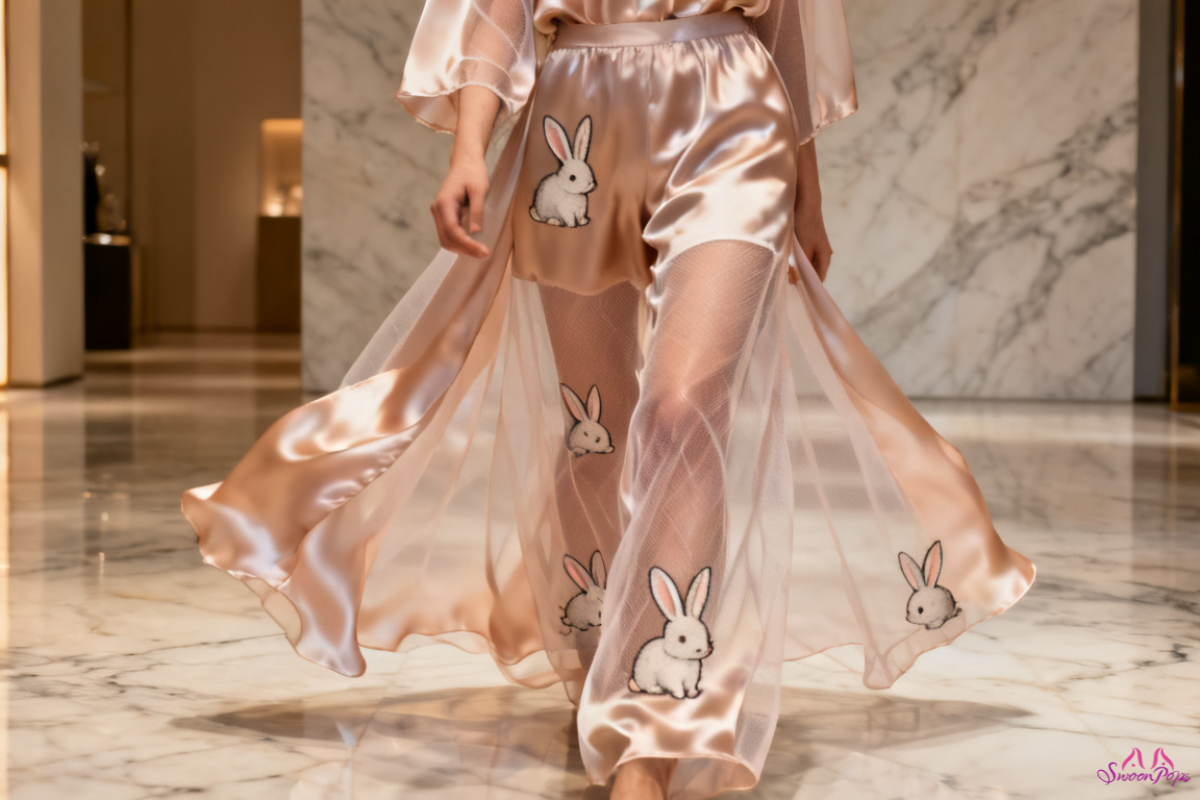 A woman wearing sexy bunny print silk pajamas, showcasing a playful and stylish nighttime look.
