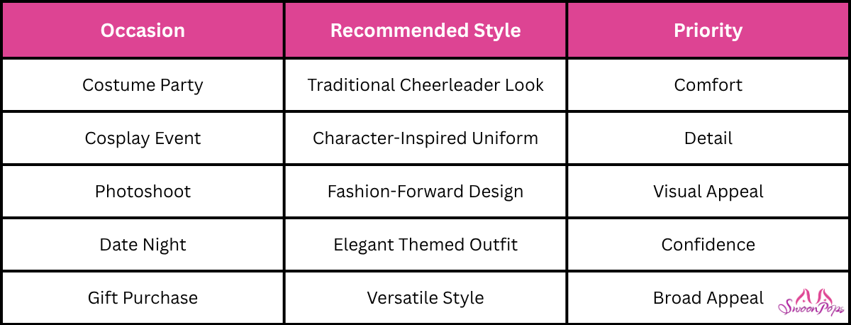 Table matching costume occasions like party or photoshoot with recommended cheerleader styles and priority features.
