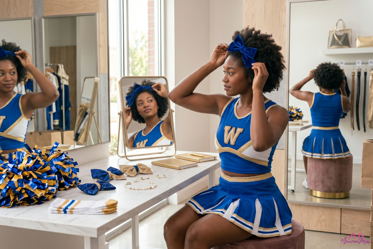 Woman trying on a blue hair bow accessory with a matching cheerleader lingerie costume at a SwoonPops vanity station.