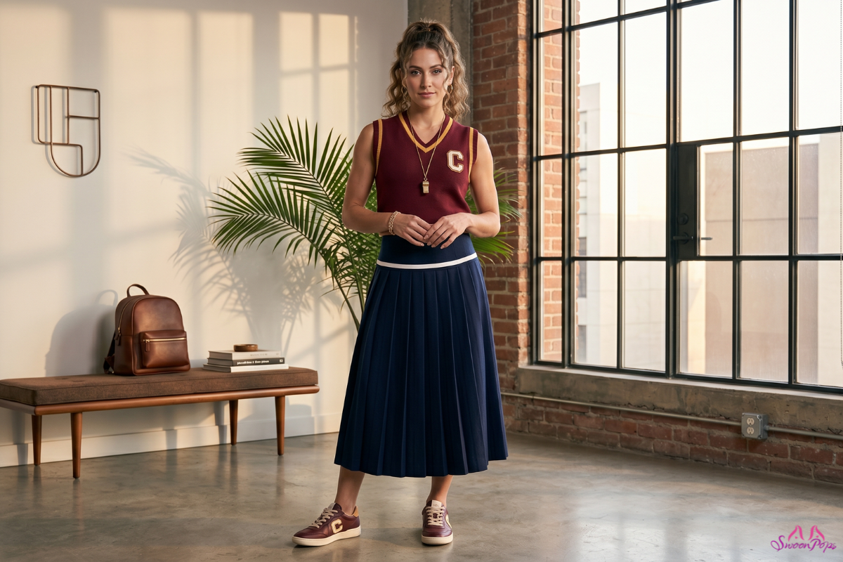 Woman wearing a contemporary, sophisticated cheerleader-inspired vest and pleated skirt outfit in an urban loft.