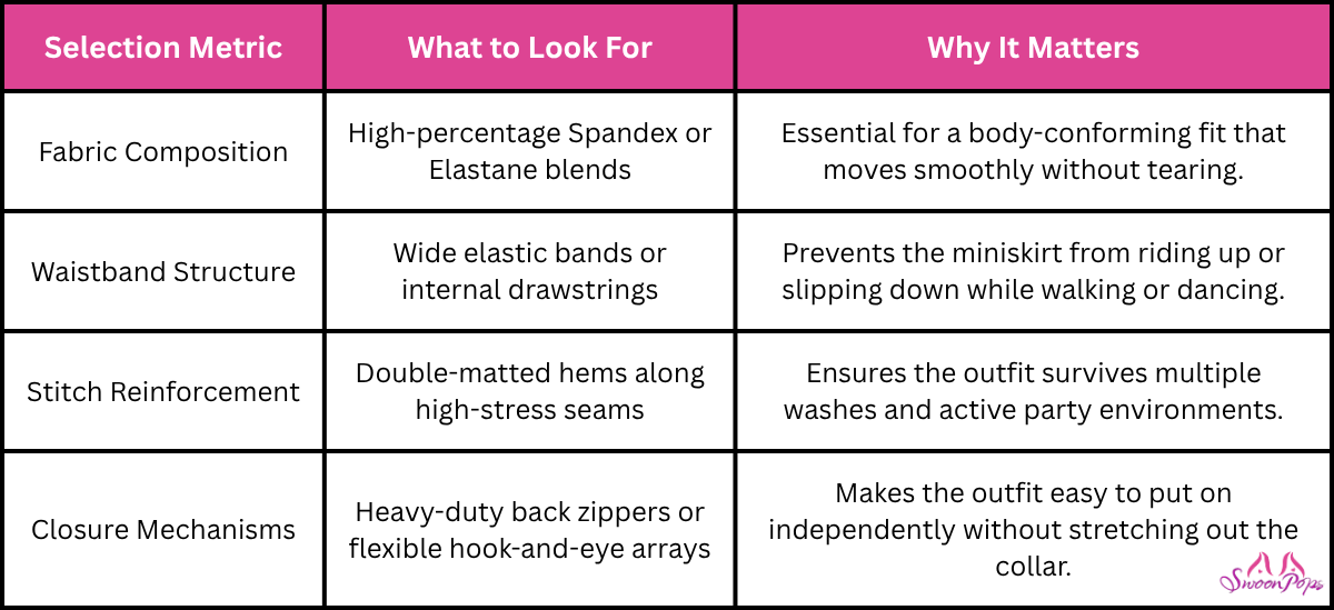 A selection metric table by SwoonPops detailing fabric, waistbands, and stitching for cheerleader lingerie costumes.