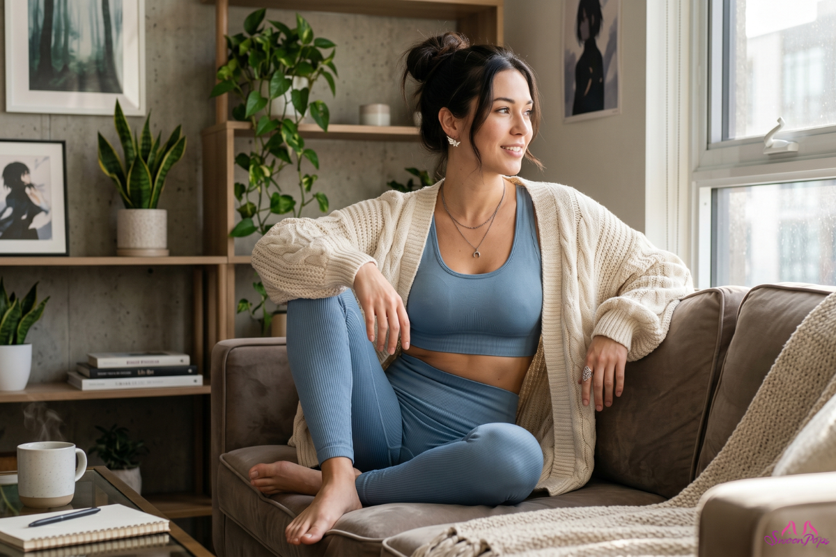 Woman on a couch wearing a blue costume matching set and an oversized knit cardigan.
