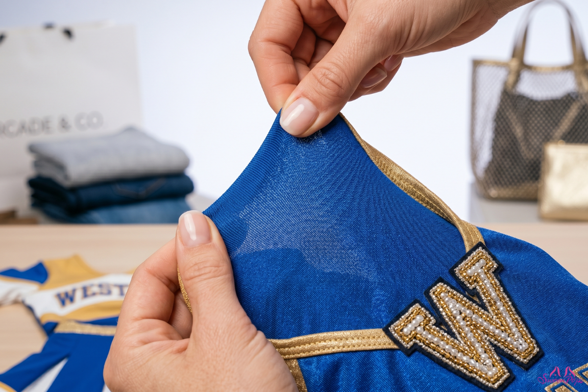Hands stretching the flexible blue fabric of a cheerleader costume with an embroidered letter W.