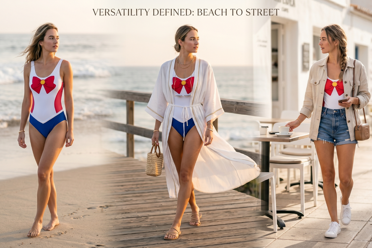 A woman styling an anime costume swimsuit as a beach outfit, with a white robe, and street clothes at SwoonPops lingerie.