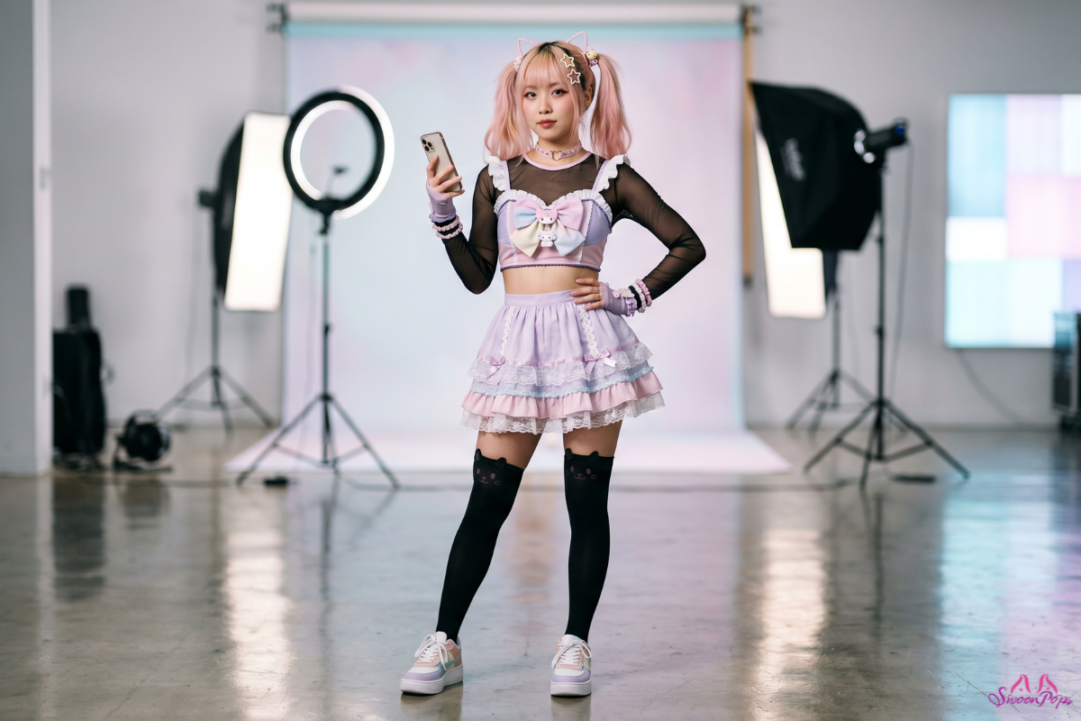 Influencer in SwoonPops sexiest anime cosplay youthful costume with a pastel skirt, cat ears, and mesh details.