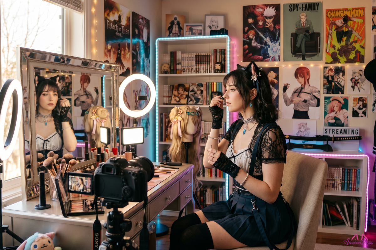 A creator prepares her sexiest anime cosplay cat costume at a vanity mirror with ring lights and posters.
